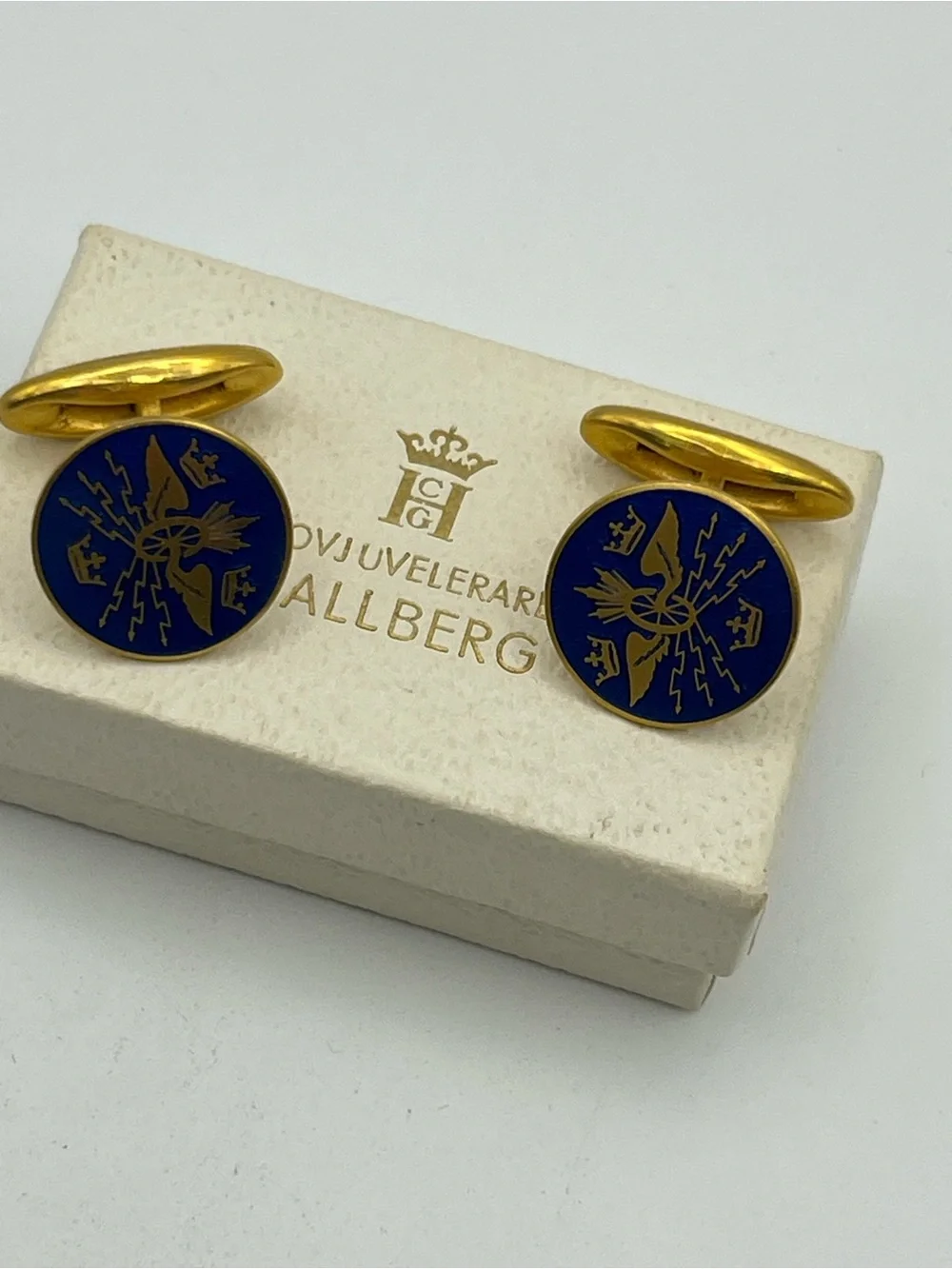 Sporrong Co Blue Enamel Swedish Emblem Cuff Links Cufflinks Crown gold tone